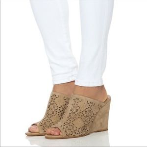 Joie Anita Mule Suede Laser Cut Perforated Wedge Heel Size 7.5